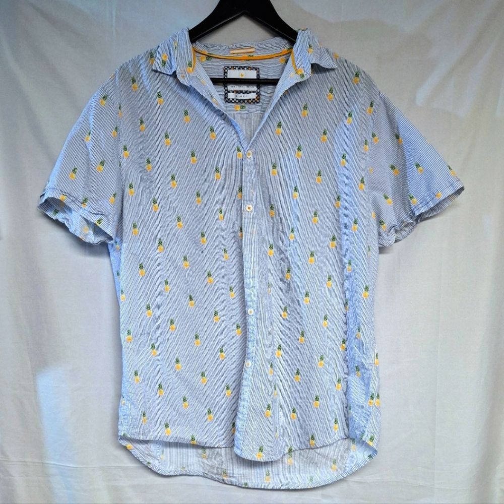 Mens Slim Fit Button Up Shirt Shortsleeve Blue White Pin Stripe Hawaiian Summer
